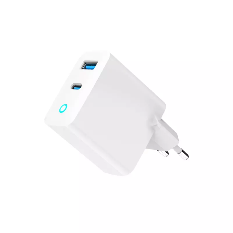 GEMBIRD 2-port 30W GaN USB fast charger LED balta — 1x USB-C PD 30W, 1x USB-A, 100–240V, 92 g