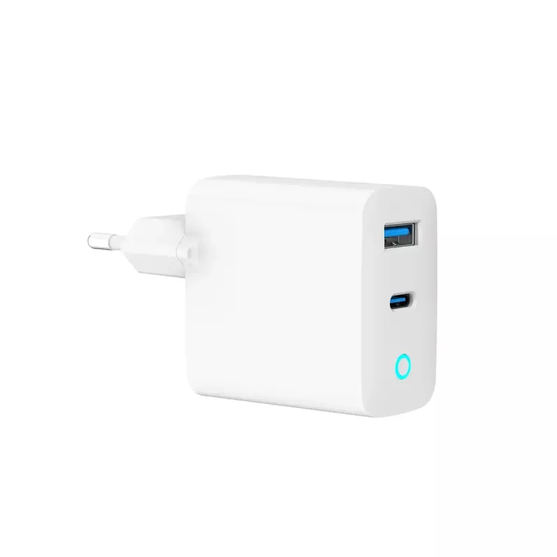 GEMBIRD 2-port 30W GaN USB fast charger LED balta — 1x USB-C PD 30W, 1x USB-A, 100–240V, 92 g