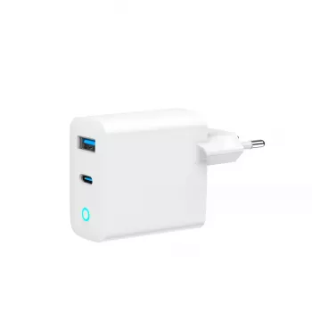 GEMBIRD 2-port 30W GaN USB fast charger LED balta — 1x USB-C PD 30W, 1x USB-A, 100–240V, 92 g