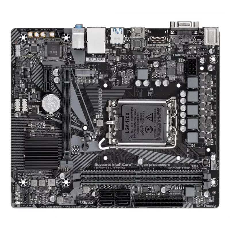 GIGABYTE H610M H V3 DDR4 mātesplate - Atbalsta Intel Core 14. paaudzes CPU, 4+1+1 hibrīda fāžu digitālais VRM, līdz 3200MHz DDR4, 1xPCIe 3.0 M.2, GbE LAN, USB 3.2 Gen 1