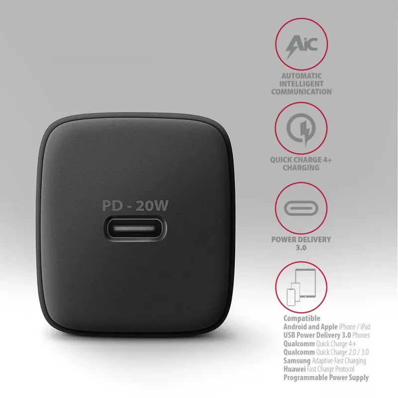 Sienas lādētājs Axagon ACU-PD20 1x QC3.0/AFC/FCP/PD Type-C 20W melns