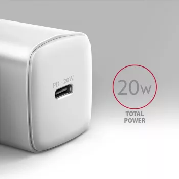 Axagon ACU-PD20W sienas lādētājs 1x QC3.0/AFC/FCP/PD tipa C 20W balts Mobilais tālrunis, viedtālrunis, viedpulkstenis, planšetdators, universāls, pulkstenis AC Ātrā uzlāde Iekštelpām