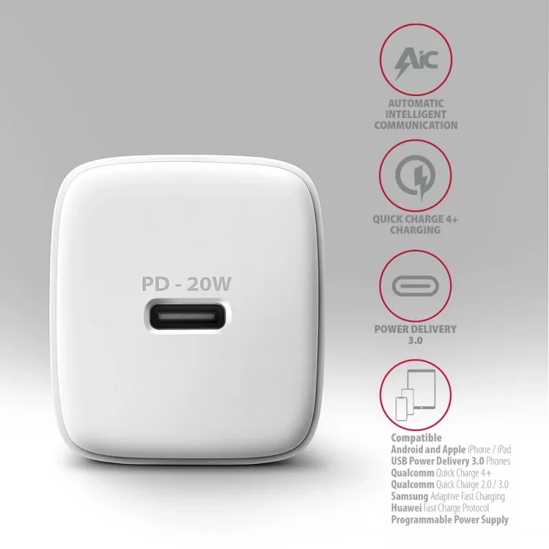 Axagon ACU-PD20W sienas lādētājs 1x QC3.0/AFC/FCP/PD tipa C 20W balts Mobilais tālrunis, viedtālrunis, viedpulkstenis, planšetdators, universāls, pulkstenis AC Ātrā uzlāde Iekštelpām