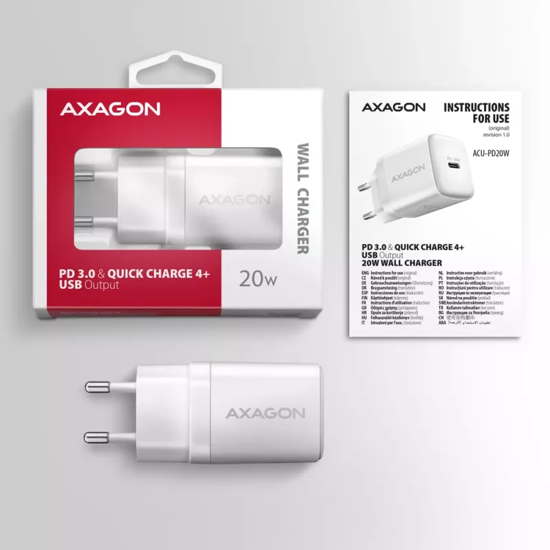 Axagon ACU-PD20W sienas lādētājs 1x QC3.0/AFC/FCP/PD tipa C 20W balts Mobilais tālrunis, viedtālrunis, viedpulkstenis, planšetdators, universāls, pulkstenis AC Ātrā uzlāde Iekštelpām