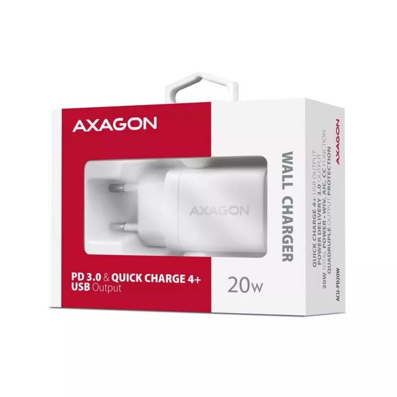 Axagon ACU-PD20W sienas lādētājs 1x QC3.0/AFC/FCP/PD tipa C 20W balts Mobilais tālrunis, viedtālrunis, viedpulkstenis, planšetdators, universāls, pulkstenis AC Ātrā uzlāde Iekštelpām