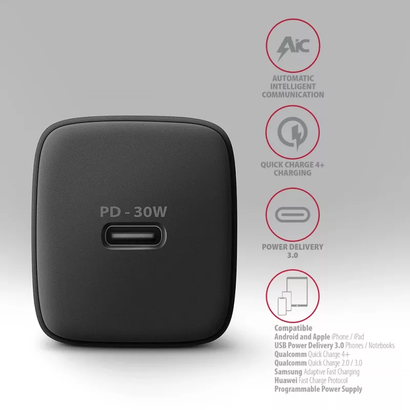 Axagon ACU-PD30 PD3.0 & QC4+ 1x OUTPUT sienas lādētājs 30 W, iekštelpām, maiņstrāva, melns