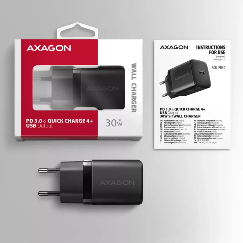 Axagon ACU-PD30 PD3.0 & QC4+ 1x OUTPUT sienas lādētājs 30 W, iekštelpām, maiņstrāva, melns