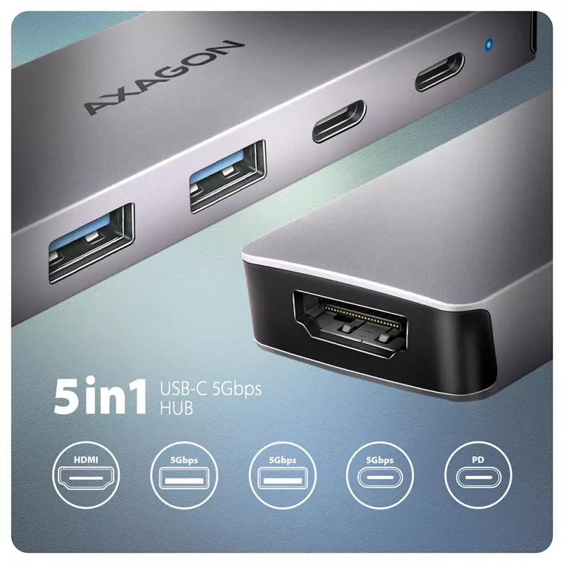 Axagon HMC-5H60 USB 5 Gbps centrālmezgls, 2x USB-A, 1x USB-C, HDMI 4K/60 Hz, PD 100 W, USB-C kabelis