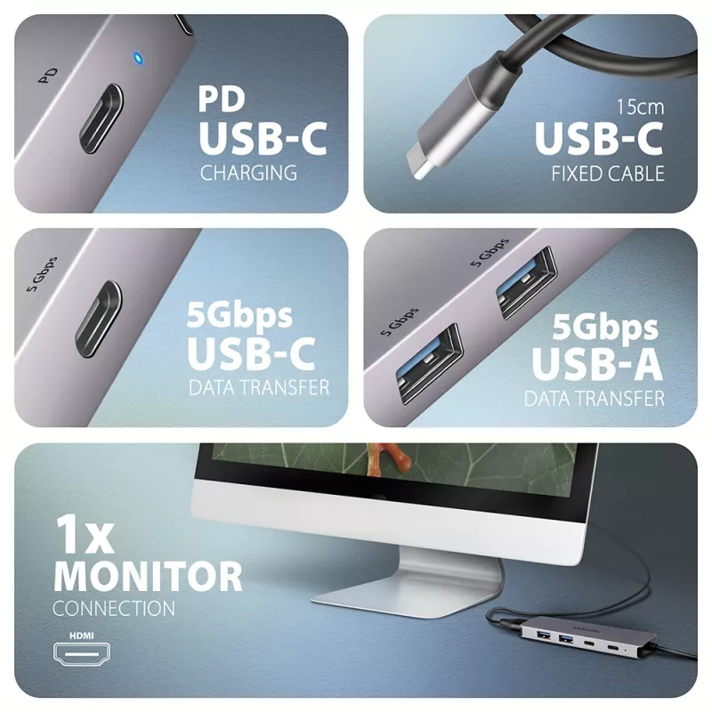 Axagon HMC-5H60 USB 5 Gbps centrālmezgls, 2x USB-A, 1x USB-C, HDMI 4K/60 Hz, PD 100 W, USB-C kabelis