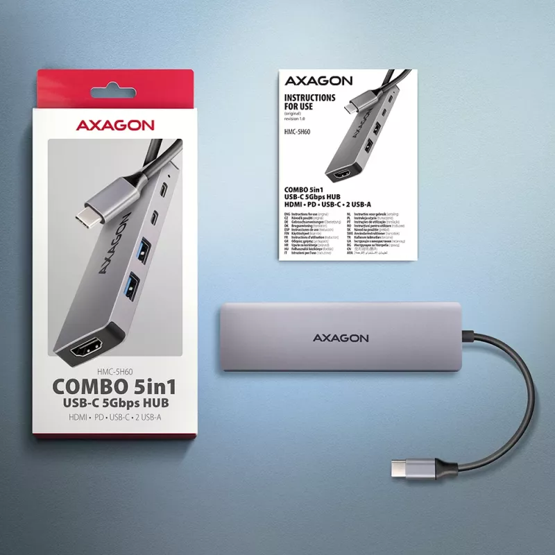 Axagon HMC-5H60 USB 5 Gbps centrālmezgls, 2x USB-A, 1x USB-C, HDMI 4K/60 Hz, PD 100 W, USB-C kabelis