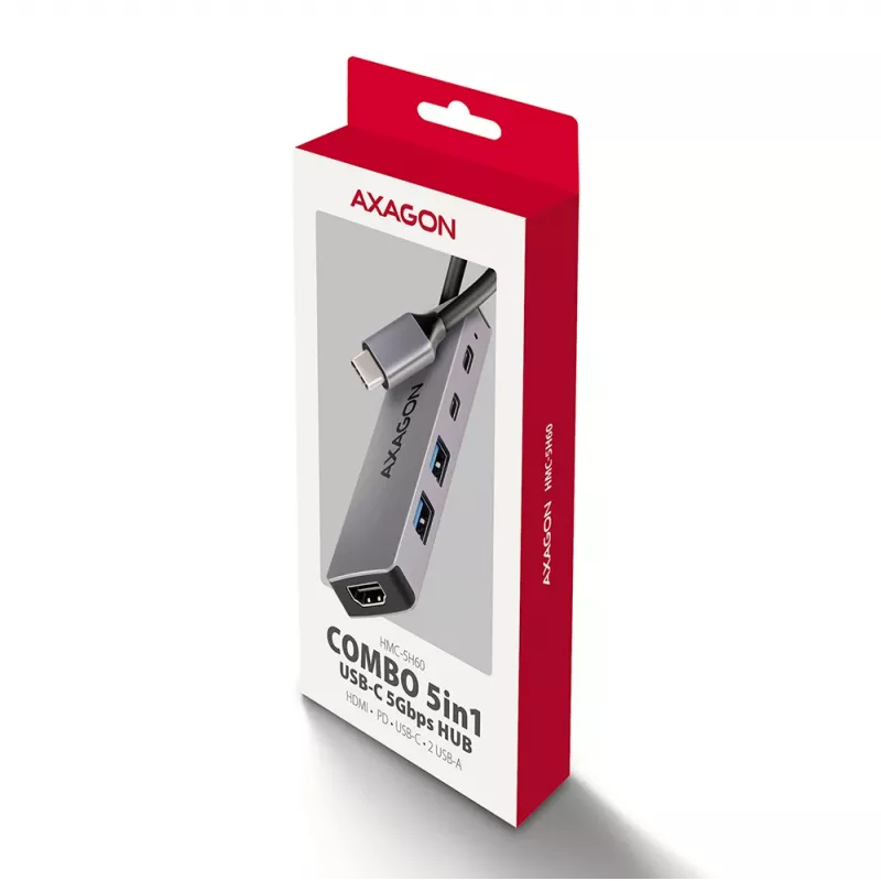 Axagon HMC-5H60 USB 5 Gbps centrālmezgls, 2x USB-A, 1x USB-C, HDMI 4K/60 Hz, PD 100 W, USB-C kabelis