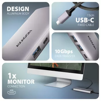 Axagon HMC-6G2L USB 10Gbps centrmezgls, 2x USB-A, 1x USB-C, HDMI 4k/60Hz, RJ-45, PD 100W