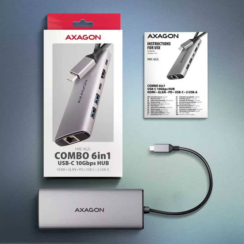 Axagon HMC-6G2L USB 10Gbps centrmezgls, 2x USB-A, 1x USB-C, HDMI 4k/60Hz, RJ-45, PD 100W