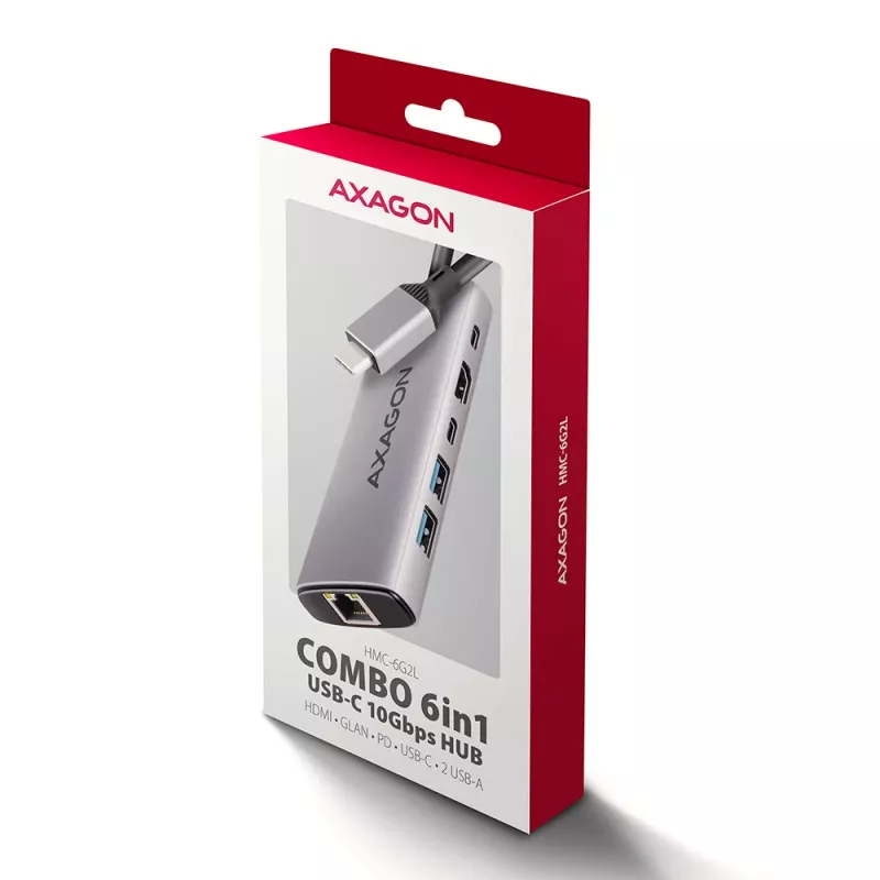 Axagon HMC-6G2L USB 10Gbps centrmezgls, 2x USB-A, 1x USB-C, HDMI 4k/60Hz, RJ-45, PD 100W