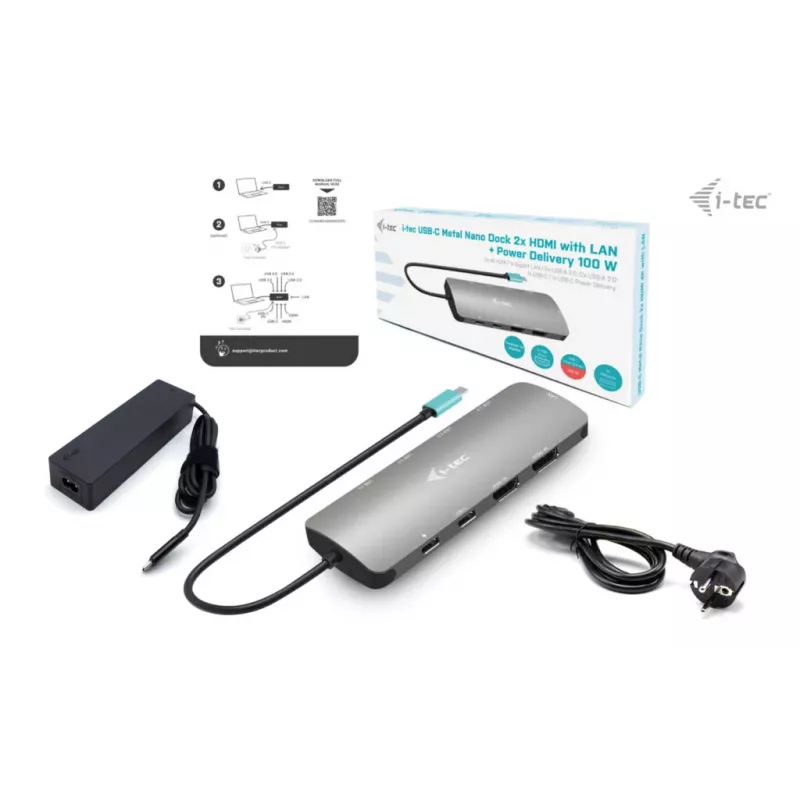 i-tec Metal USB-C Nano 2x Display Docking Station ar PD 100 W + lādētājs 100W