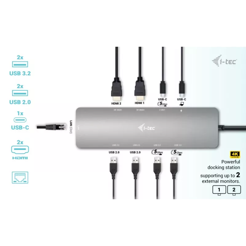 i-tec Metal USB-C Nano 2x Display Docking Station ar PD 100 W + lādētājs 100W