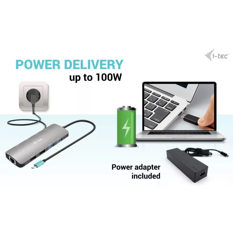 i-tec Metal USB-C Nano 2x Display Docking Station ar PD 100 W + lādētājs 100W