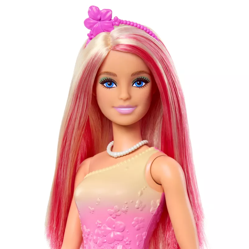 Barbie A Touch of Magic karaliskā lelle ar rozā un blondiem matiem, tauriņu raksta svārkiem un aksesuāriem