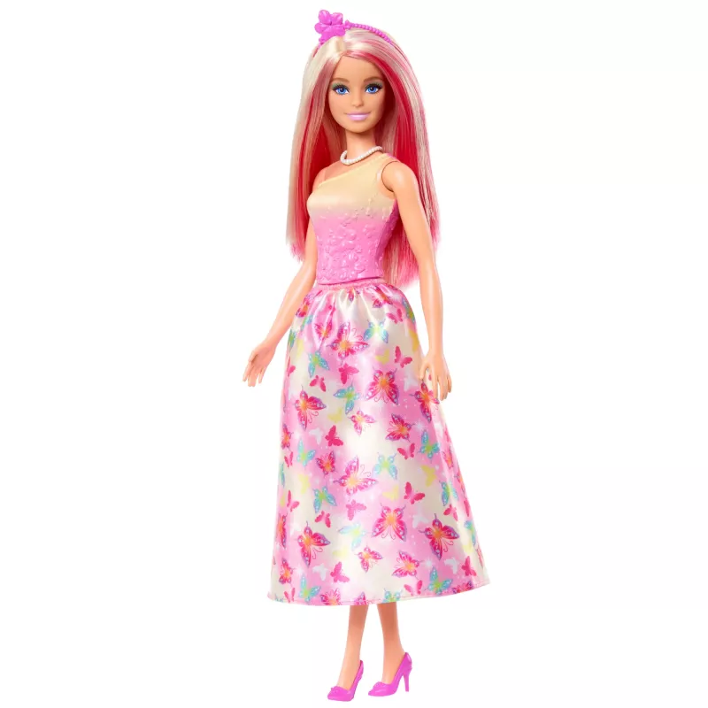 Barbie A Touch of Magic karaliskā lelle ar rozā un blondiem matiem, tauriņu raksta svārkiem un aksesuāriem