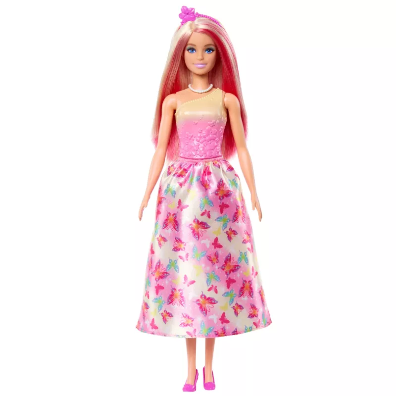 Barbie A Touch of Magic karaliskā lelle ar rozā un blondiem matiem, tauriņu raksta svārkiem un aksesuāriem