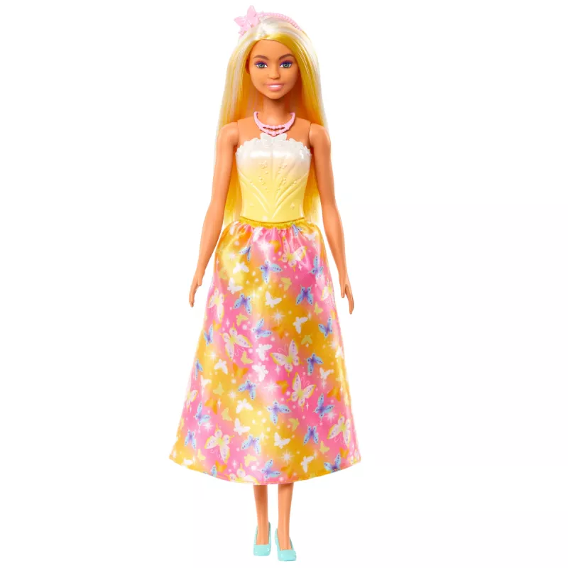 Barbie A Touch of Magic karaliskā lelle ar koši izceltiem matiem, svārkiem ar tauriņu apdruku un aksesuāriem