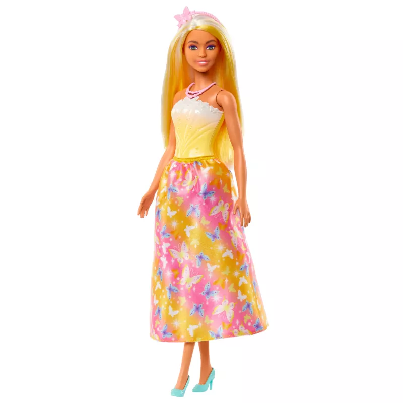 Barbie A Touch of Magic karaliskā lelle ar koši izceltiem matiem, svārkiem ar tauriņu apdruku un aksesuāriem