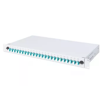DIGITUS optiskās šķiedras slīdošā savienojuma kārba, 1U, aprīkota ar 24x LC duplex, iekļ. M 25 skrūvi, savienojuma kaseti, OM3 krāsainiem savienotājiem, adapteri