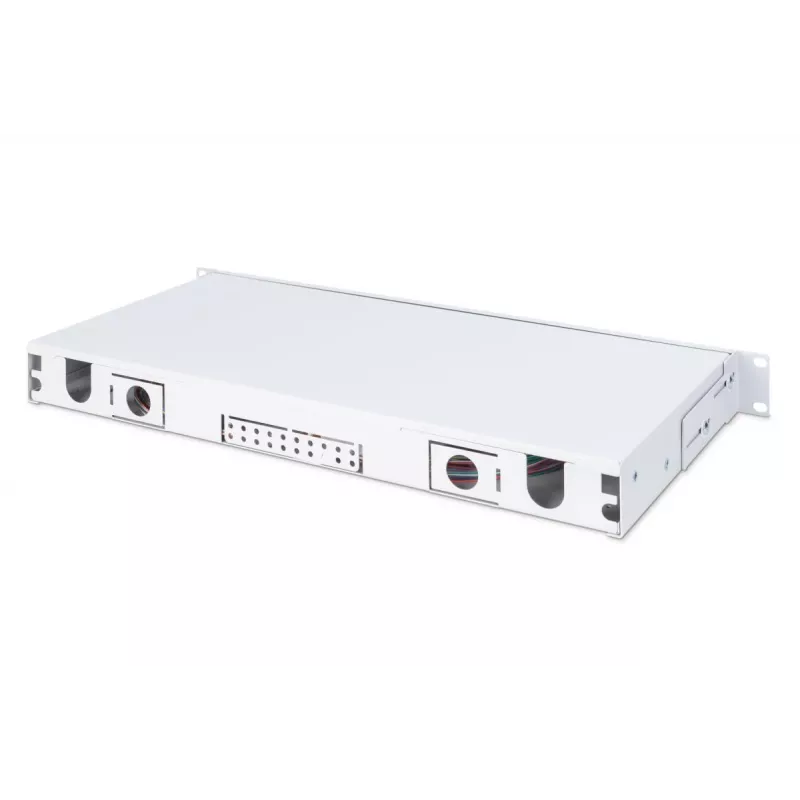 DIGITUS optiskās šķiedras slīdošā savienojuma kārba, 1U, aprīkota ar 24x LC duplex, iekļ. M 25 skrūvi, savienojuma kaseti, OM3 krāsainiem savienotājiem, adapteri