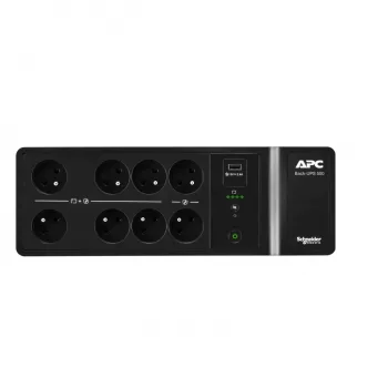 APC Back-UPS, 500VA/300W uz grīdas/sienas stiprināms, 230V, 8 franču/beļģu rozetes, USB Type-A ports, lietotāja nomaināma baterija