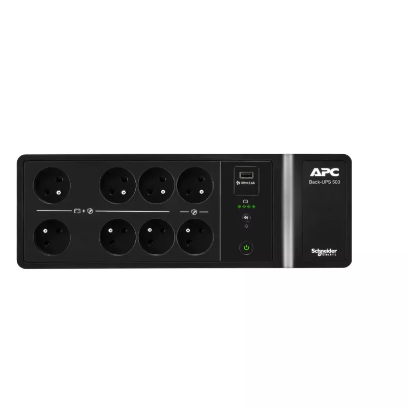 APC Back-UPS, 500VA/300W uz grīdas/sienas stiprināms, 230V, 8 franču/beļģu rozetes, USB Type-A ports, lietotāja nomaināma baterija