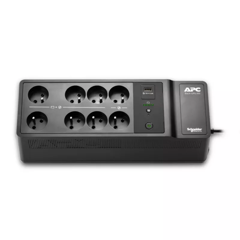 APC Back-UPS, 500VA/300W uz grīdas/sienas stiprināms, 230V, 8 franču/beļģu rozetes, USB Type-A ports, lietotāja nomaināma baterija