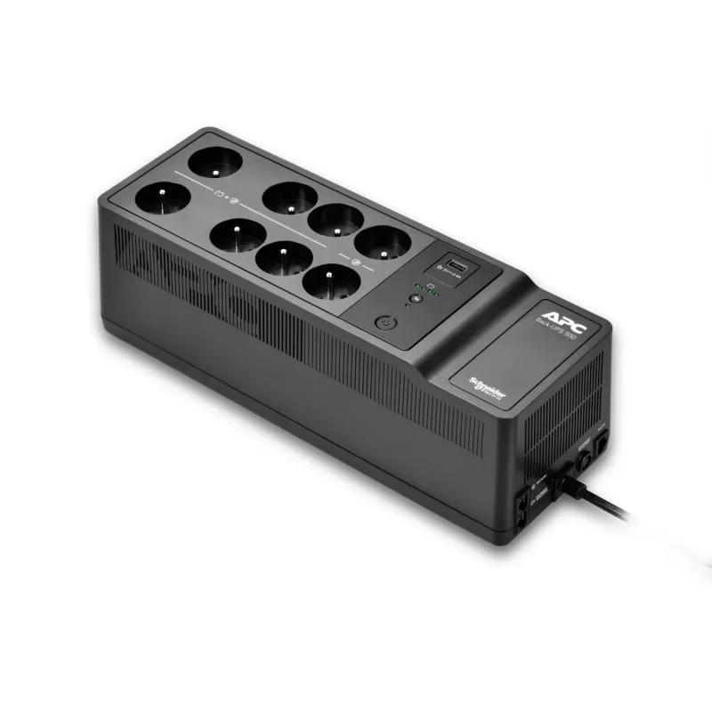 APC Back-UPS, 500VA/300W uz grīdas/sienas stiprināms, 230V, 8 franču/beļģu rozetes, USB Type-A ports, lietotāja nomaināma baterija