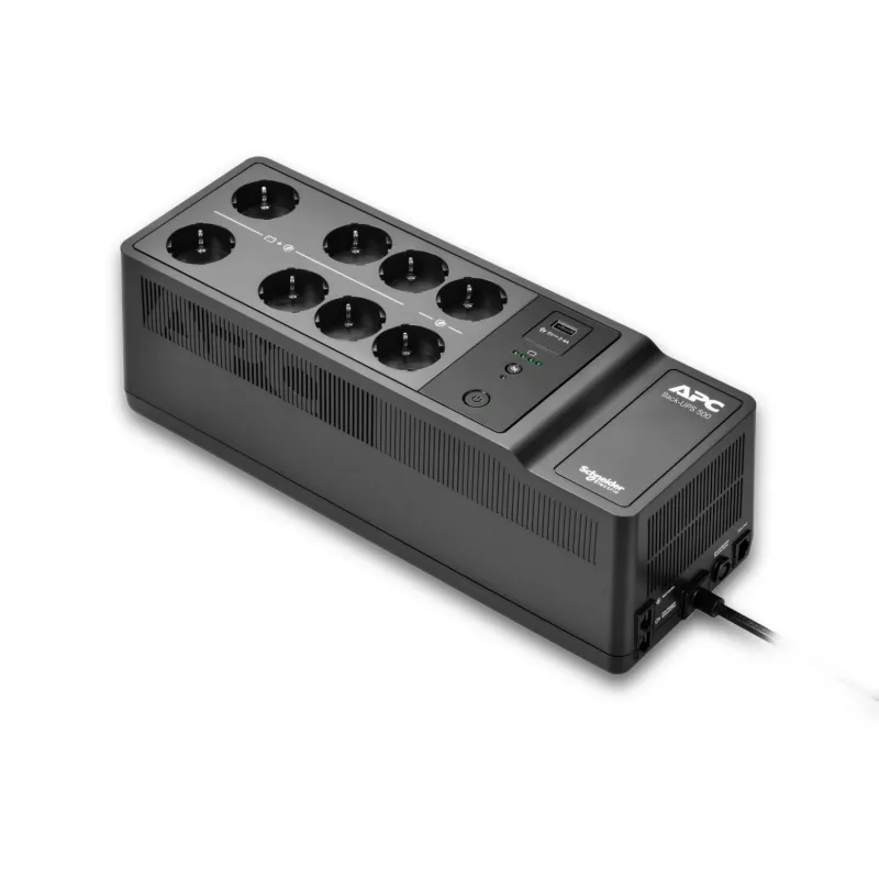 APC Back-UPS, 500VA/300W, montējams uz grīdas/sienas, 230V, 8x CEE 7/3 Schuko kontaktligzdas, USB A tipa ports, lietotāja nomaināma baterija