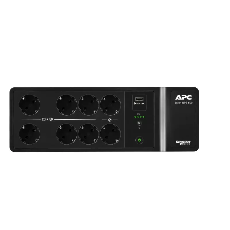 APC Back-UPS, 500VA/300W, montējams uz grīdas/sienas, 230V, 8x CEE 7/3 Schuko kontaktligzdas, USB A tipa ports, lietotāja nomaināma baterija