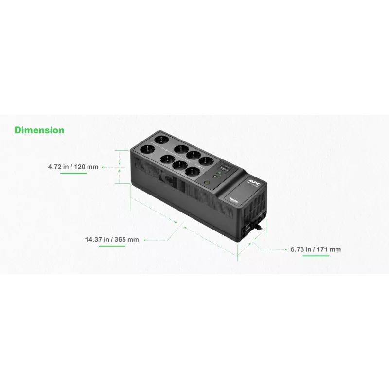 APC Back-UPS, 1050VA/600W montāžai uz grīdas/sienas, 230V, 8x Schuko CEE 7/3 kontaktligzdas, USB Type A+C ports, lietotāja nomaināma baterija