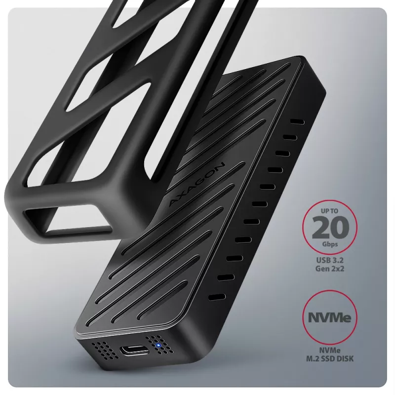 Axagon EEM2-20G USB-C 20Gbps - M.2 NVMe SSD ARMORED box, SSD korpuss, M.2, M.2, NVMe-oF, PCI Express, 20 Gbit/s, USB savienojamība, Melns