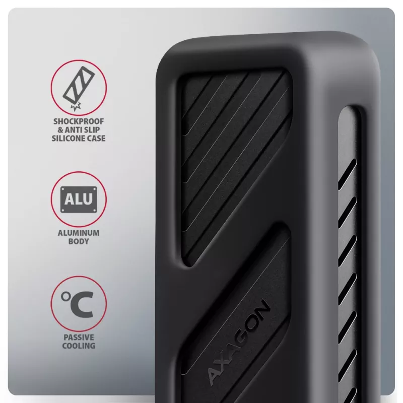 Axagon EEM2-20G USB-C 20Gbps - M.2 NVMe SSD ARMORED box, SSD korpuss, M.2, M.2, NVMe-oF, PCI Express, 20 Gbit/s, USB savienojamība, Melns