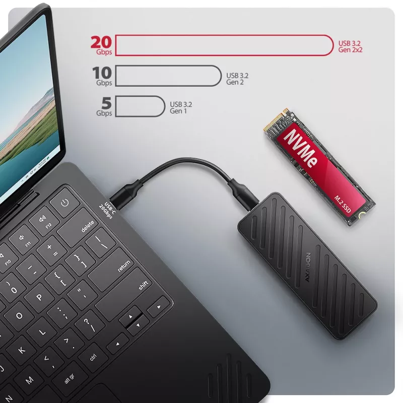 Axagon EEM2-20G USB-C 20Gbps - M.2 NVMe SSD ARMORED box, SSD korpuss, M.2, M.2, NVMe-oF, PCI Express, 20 Gbit/s, USB savienojamība, Melns