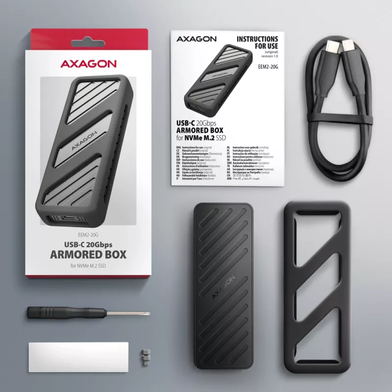 Axagon EEM2-20G USB-C 20Gbps - M.2 NVMe SSD ARMORED box, SSD korpuss, M.2, M.2, NVMe-oF, PCI Express, 20 Gbit/s, USB savienojamība, Melns