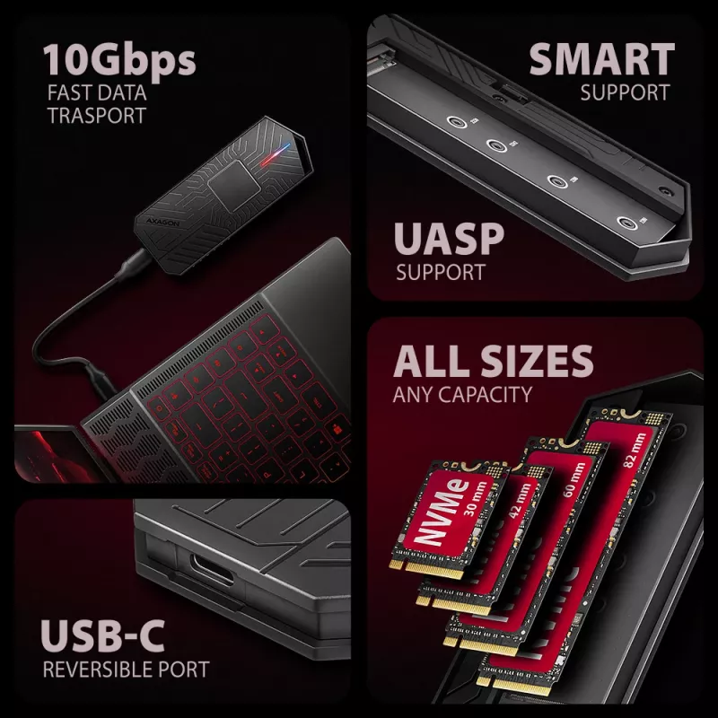 Axagon EEM2-GAM ārējā USB-C 10Gbps metāla kaste M.2 NVMe un SATA SSD diskiem. Bez skrūvēm