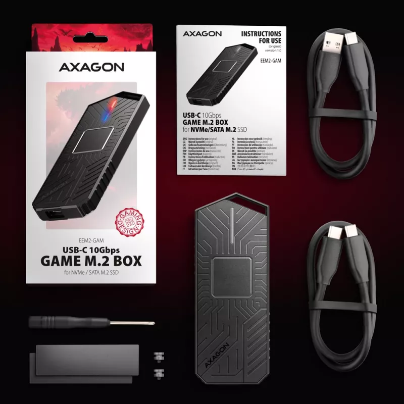 Axagon EEM2-GAM ārējā USB-C 10Gbps metāla kaste M.2 NVMe un SATA SSD diskiem. Bez skrūvēm