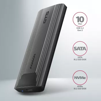 Axagon EEM2-GTS2 ārējā USB-C 10Gbps metāla kaste M.2 NVMe un SATA SSD diskiem. Bezskrūvju