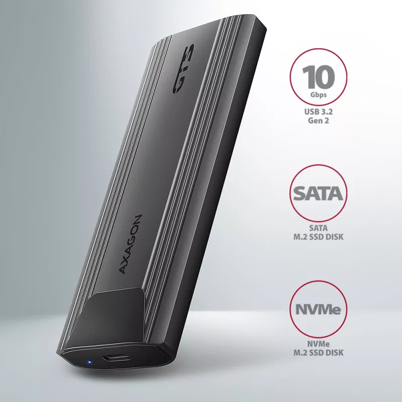 Axagon EEM2-GTS2 ārējā USB-C 10Gbps metāla kaste M.2 NVMe un SATA SSD diskiem. Bezskrūvju