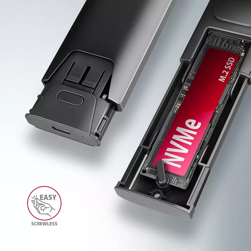Axagon EEM2-GTS2 ārējā USB-C 10Gbps metāla kaste M.2 NVMe un SATA SSD diskiem. Bezskrūvju