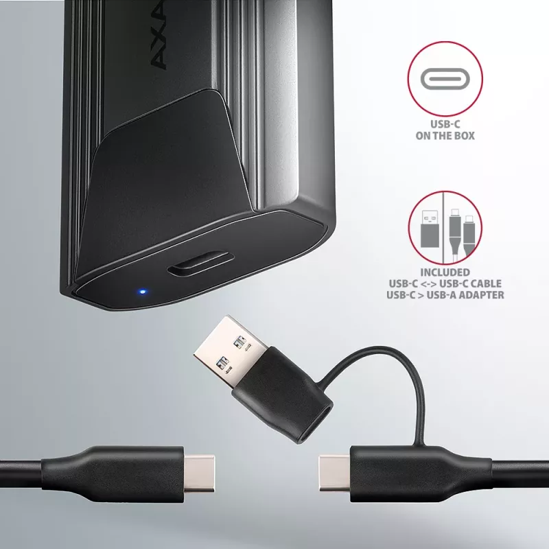 Axagon EEM2-GTS2 ārējā USB-C 10Gbps metāla kaste M.2 NVMe un SATA SSD diskiem. Bezskrūvju
