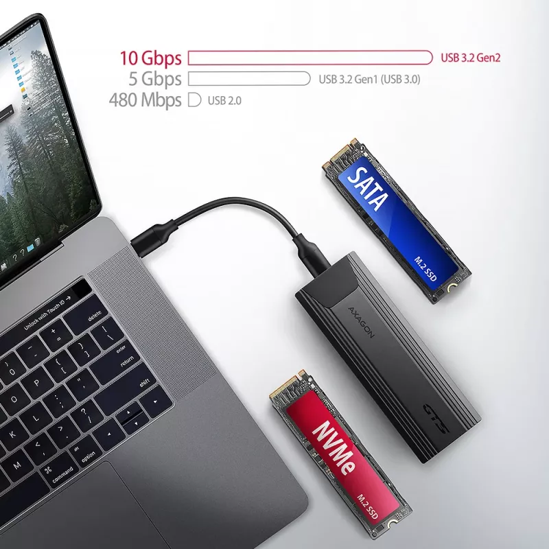 Axagon EEM2-GTS2 ārējā USB-C 10Gbps metāla kaste M.2 NVMe un SATA SSD diskiem. Bezskrūvju