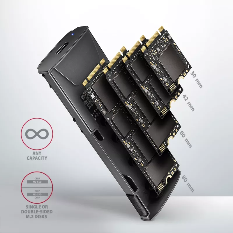 Axagon EEM2-GTS2 ārējā USB-C 10Gbps metāla kaste M.2 NVMe un SATA SSD diskiem. Bezskrūvju