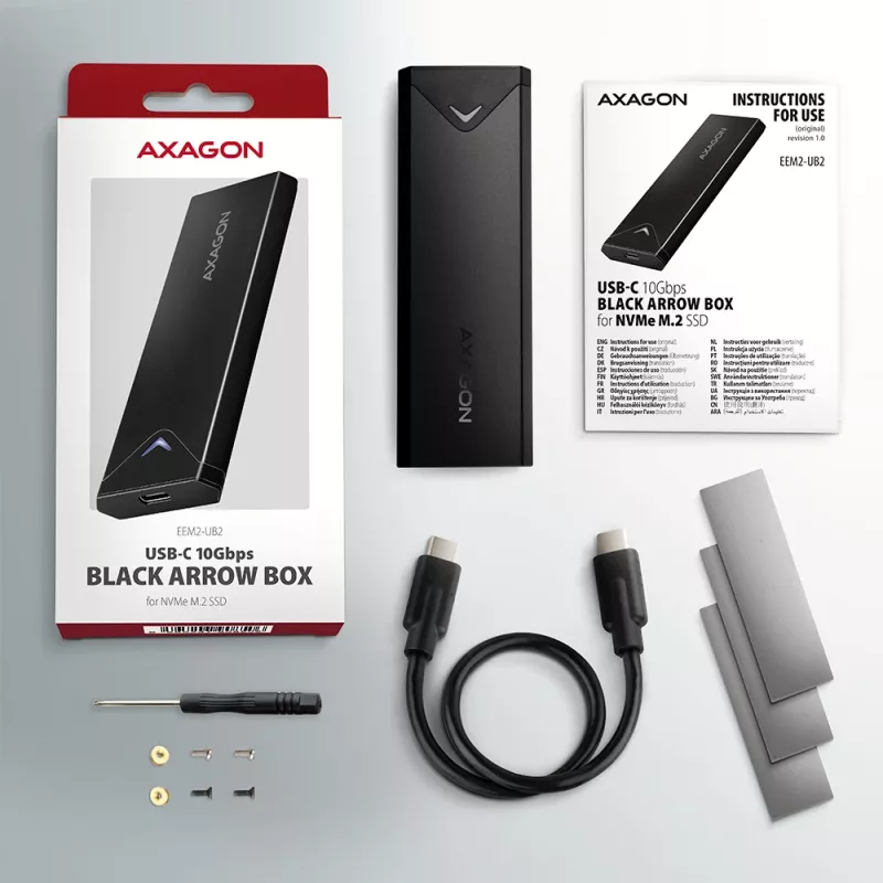 Axagon EEM2-UB2 Ārējā USB-C 10 Gbps metāla kaste M.2 NVMe SSD diskiem. Melna