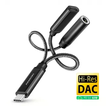 Axagon ADA-HCPD USB-C uz 3,5 mm ligzdu - Hi-Res DAC audio adapteris, 384kHz/32bit, PD 60W 3A