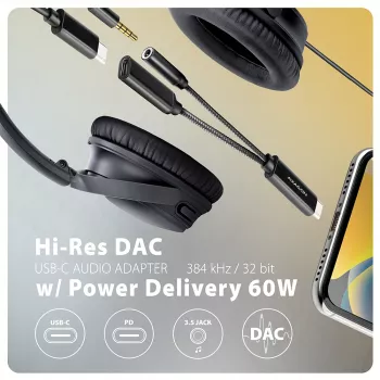 Axagon ADA-HCPD USB-C uz 3,5 mm ligzdu - Hi-Res DAC audio adapteris, 384kHz/32bit, PD 60W 3A